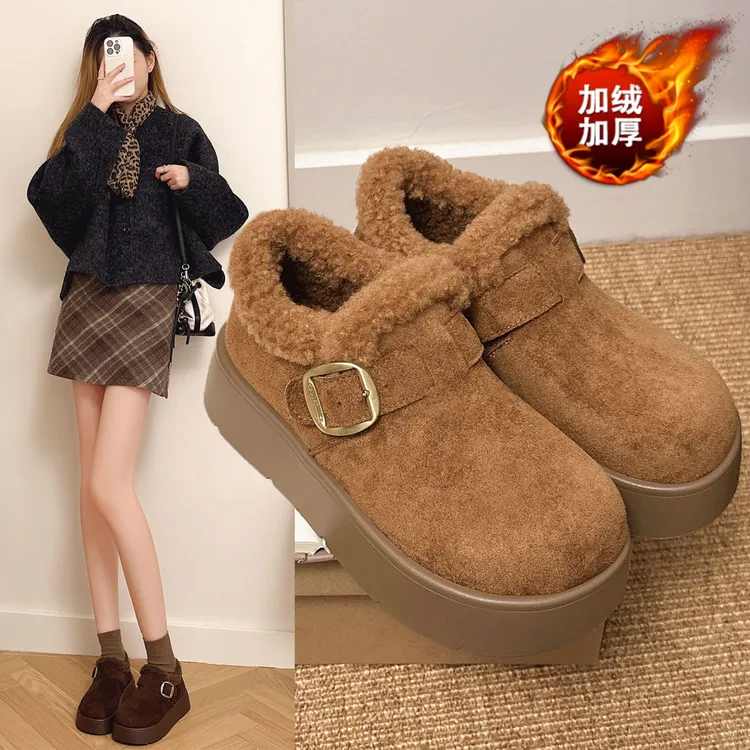 雪地靴纯色复古港风秋冬加绒一脚蹬女鞋学院风棉鞋