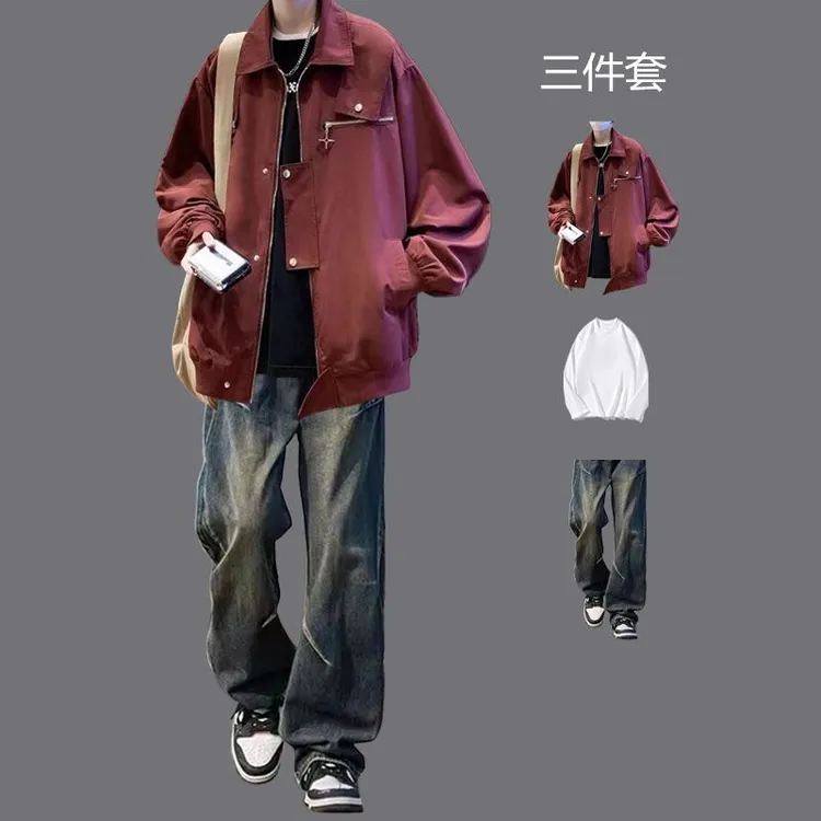 美式工装夹克男春秋套装痞帅潮牌冲锋衣外套搭配ins牛仔裤三件套