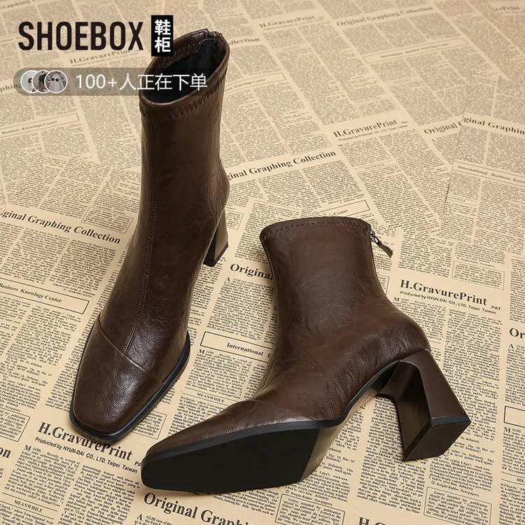 达芙妮集团旗下法式短靴女2025年新款高级感复古美拉德高跟瘦瘦靴