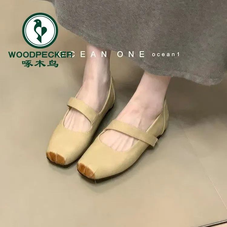啄木鸟法式方头一字带玛丽珍鞋2025新款秋复古内增高芭蕾舞单鞋