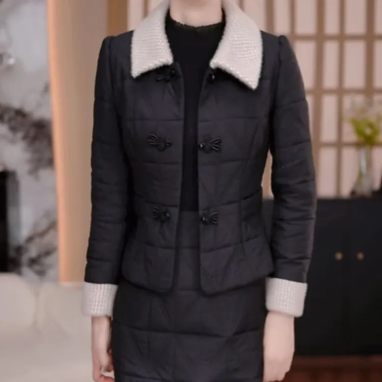 高级精纺免洗面料夹棉新中式礼服裙2025冬季新款上衣裙子俩件套女