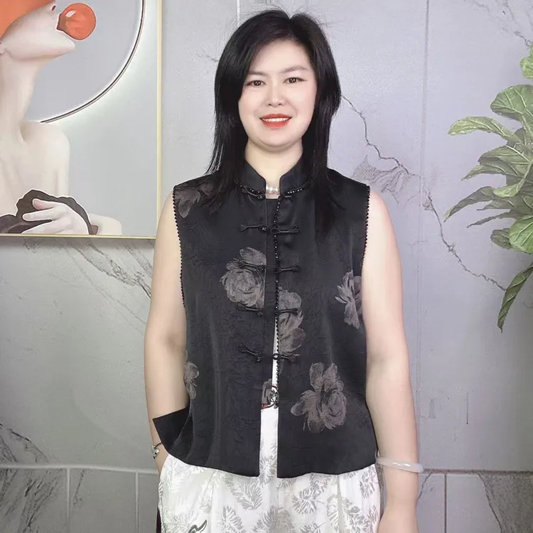 小兰国风复古印花新中式女士【晕染手工串珠】传统中国风坎肩百搭