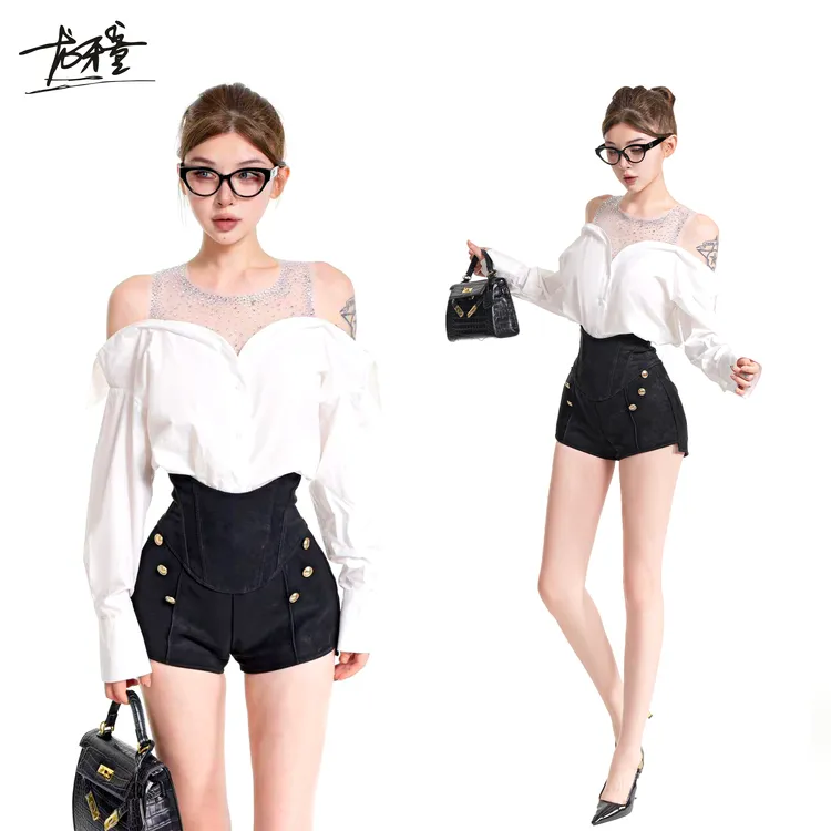 龙牙童推荐【闪钻衬衫】秋冬法式短款女衬衫长袖显瘦百搭设计感拼接