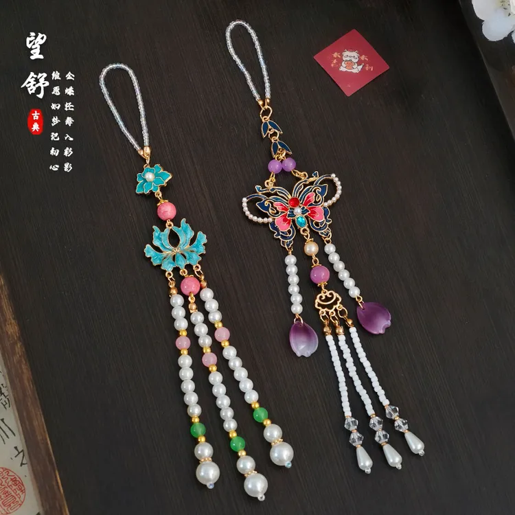 合金仿珍珠胸针 古风旗袍压襟挂饰滴油蝴蝶米珠流苏吊坠汉服配饰 