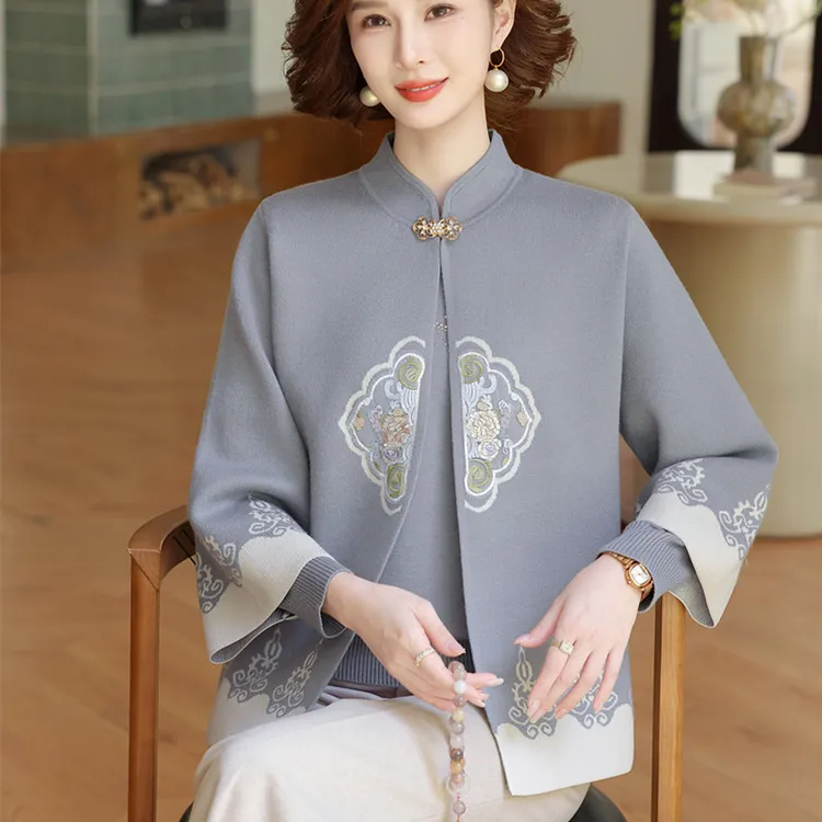 妈妈秋装洋气国风开衫外套中老年女装秋冬毛衣套装时尚针织两件套