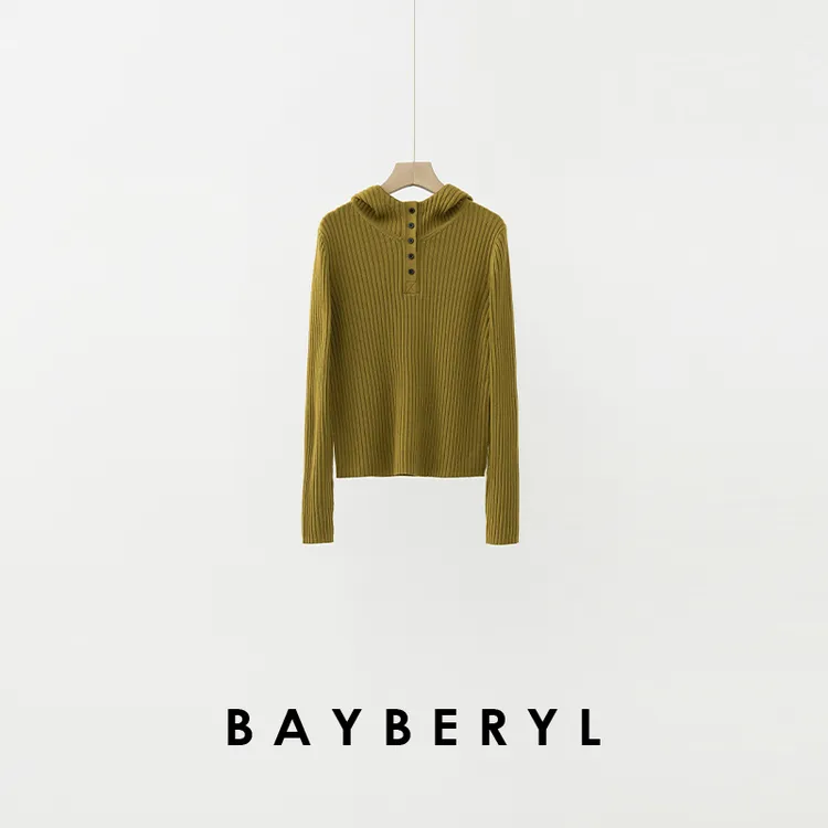FF-BAYBERYL老贝竖坑条显瘦连帽时尚百搭羊毛秋针织衫ZZS5G2403