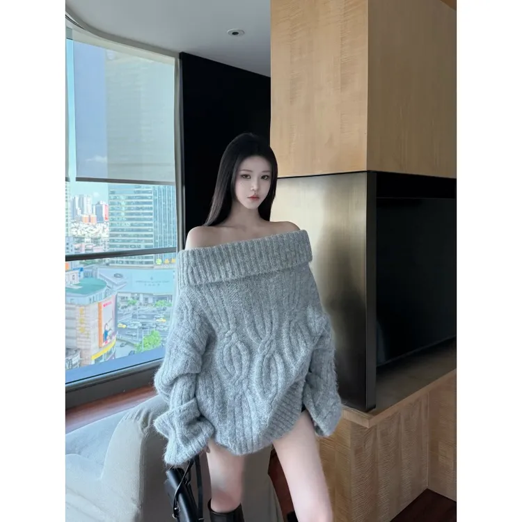 一字肩套头毛衣女秋季慵懒风气质小个子宽松休闲显瘦百搭长袖上衣