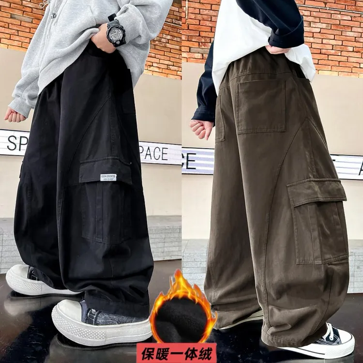 男大童秋装黑色阔腿弯刀工装裤2025新款儿童男孩户外直筒宽松裤子