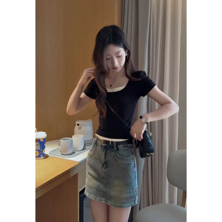 假两件U领短袖T恤女2025夏季气质小个子修身显瘦上衣+高腰牛仔裙