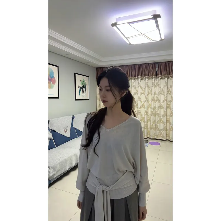 2026V领针织衫宽松收腰系带长袖上衣宽松休闲裤长裤宽松阔腿裤女