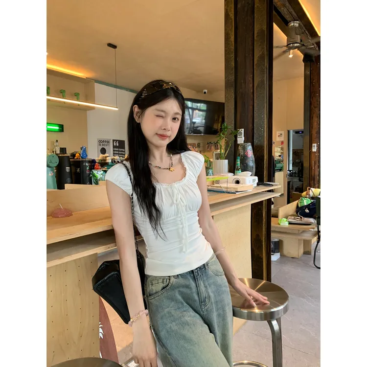 方领蕾丝边褶皱系带夏季韩版纯欲设计感短袖T恤上衣