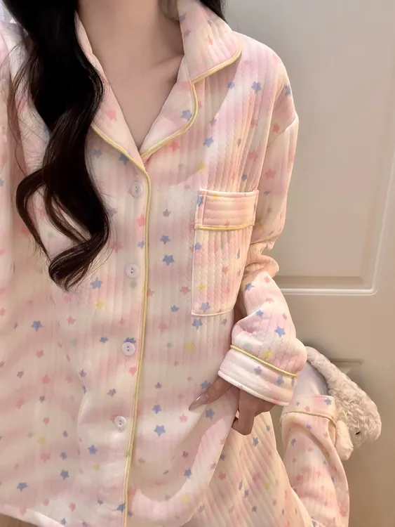 【阿尔卑斯星】可爱彩色星星睡衣长袖套装冬季夹棉加厚保暖家居服