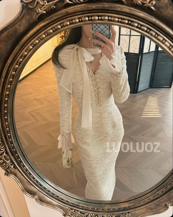 LUOLUOZ【费城情书】高级感气质小香编织收腰显瘦短款连衣裙CC227