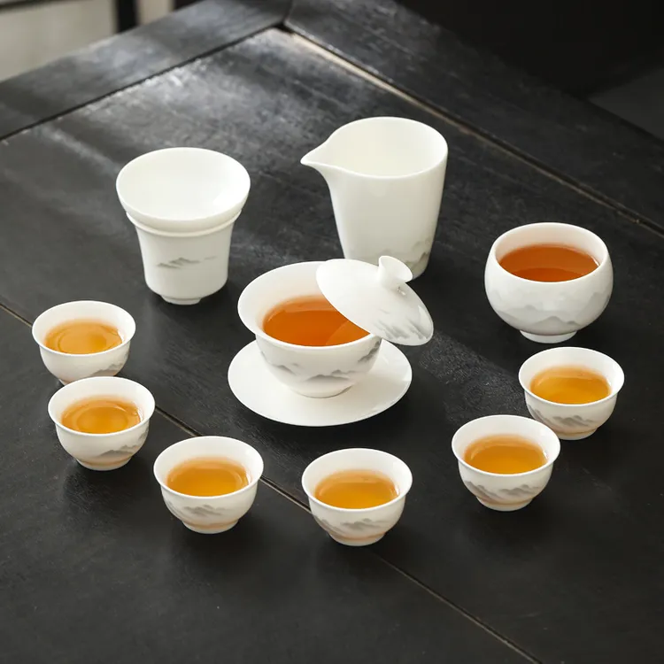 水墨群山羊脂玉悬停盖碗白瓷功夫泡茶杯具套装高端全套办公室家用