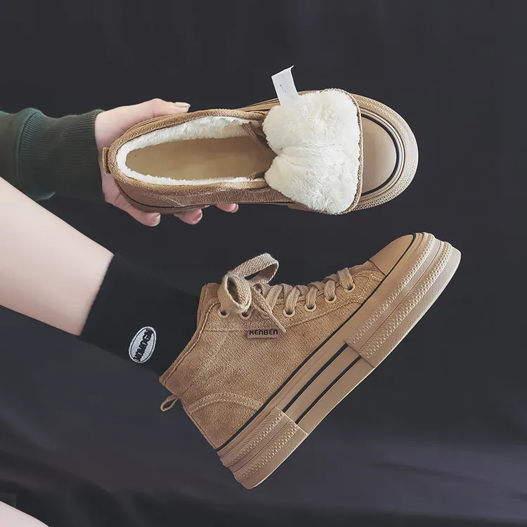 人本加绒厚底高帮鞋女冬季新款休闲百搭学生ins保暖加厚韩版棉鞋