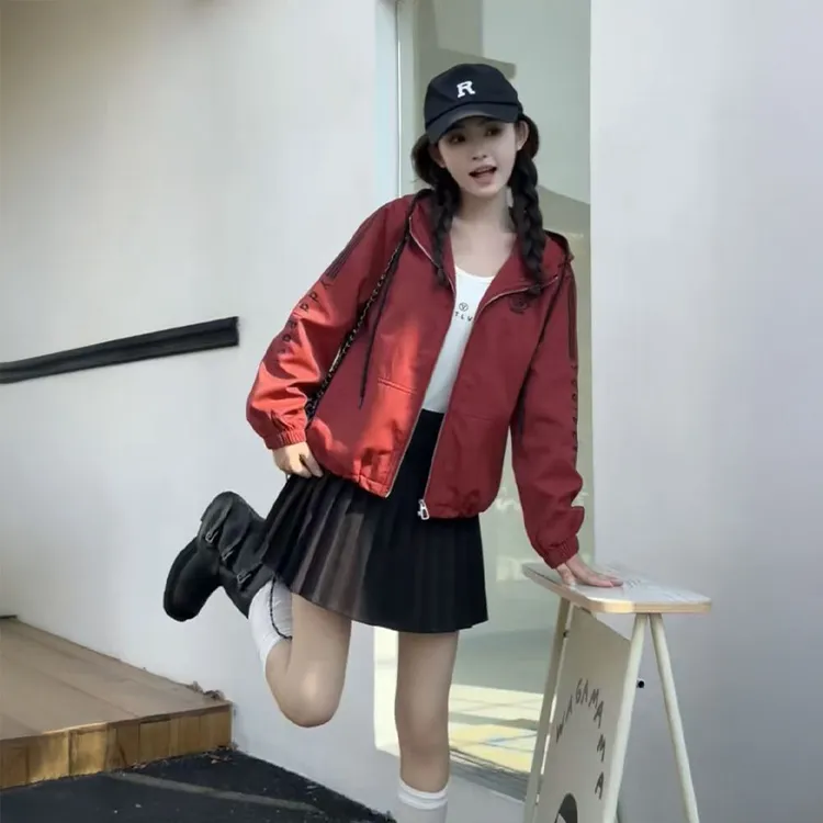 连帽透气短外套抽绳可调节休闲韩版女短款复古百搭