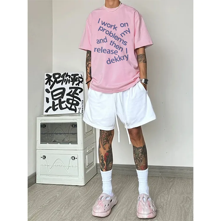 100%纯棉美式简约创意字母印花粉色短袖T恤男女夏季休闲宽松上衣