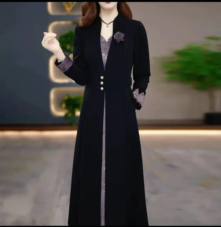 11474-秋季新款妈妈女装假两件气质显瘦中年连衣裙时尚大码裙子