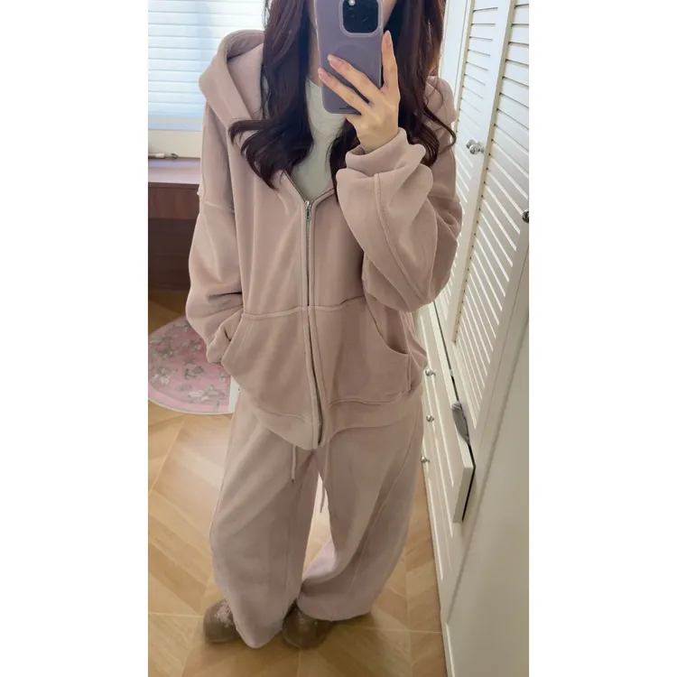 【6色入】秋冬490g双面奥粒绒连帽卫衣外套+加厚阔腿裤套装  C6008