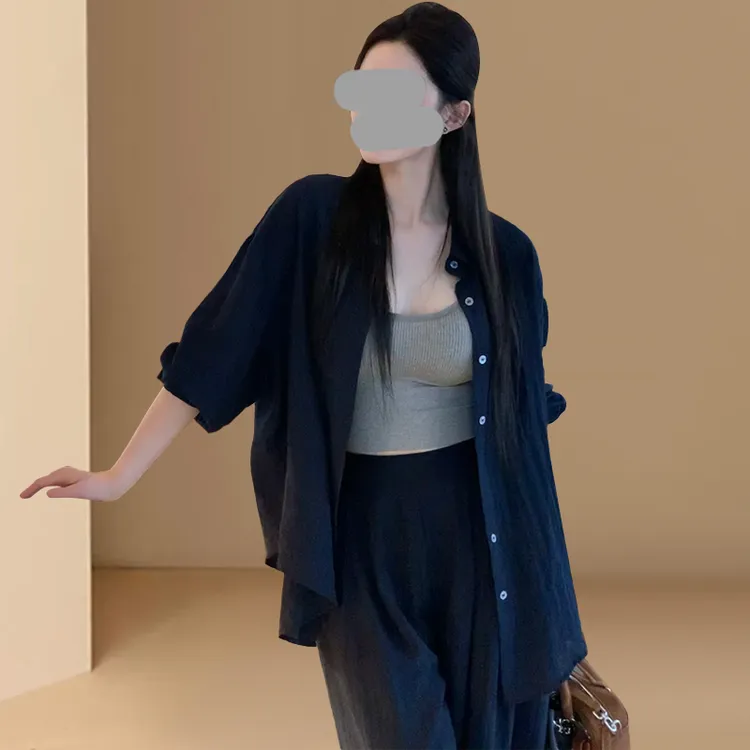 时尚套装女夏季法式气质老钱风弛感宽松防晒衬衫外套阔腿裤两件套