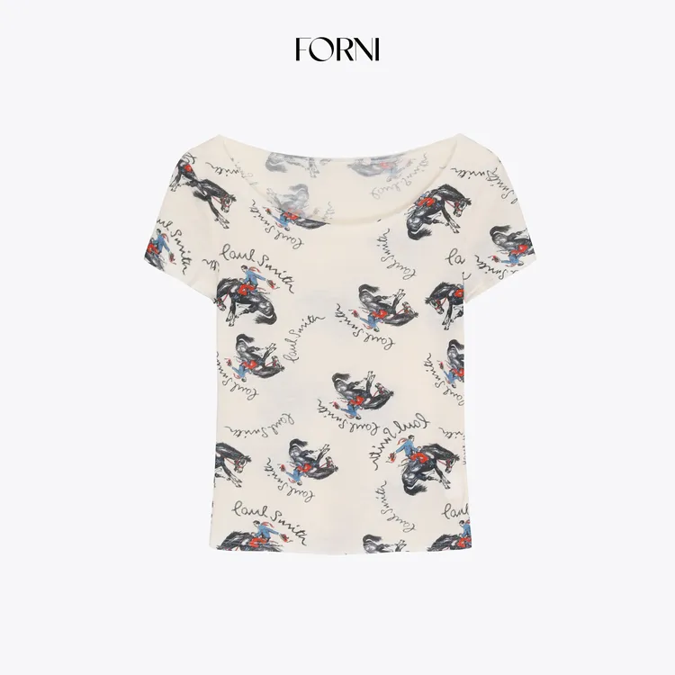 FORNI 骑迹少女 手绘涂鸦印花短款T恤