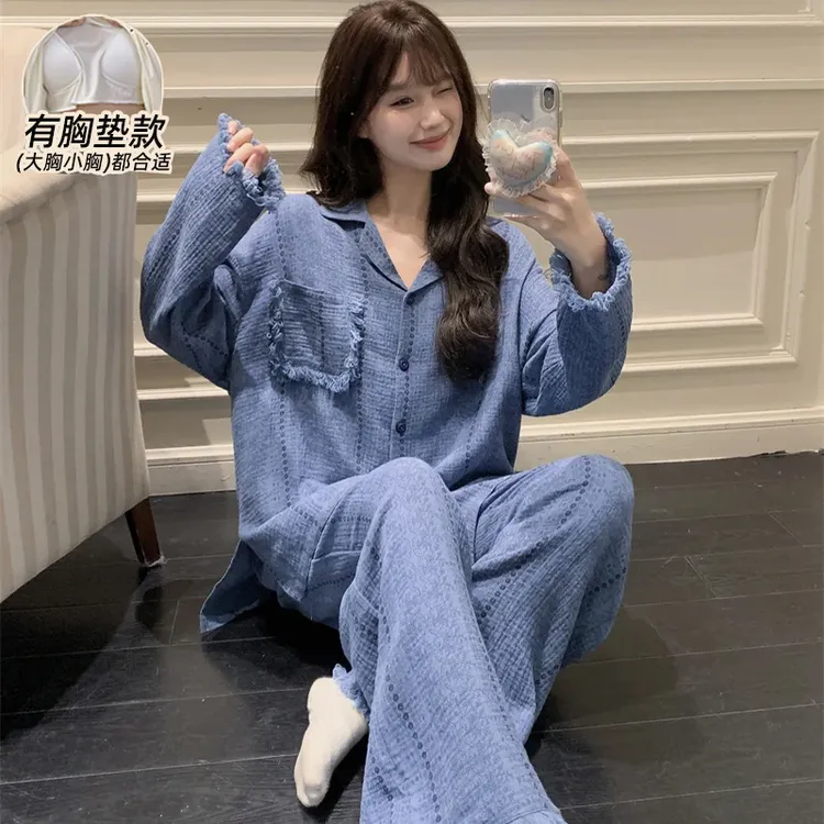 带胸垫一体式蓝色高级感翻领睡衣女秋冬季宽松休闲牛仔风长袖长裤