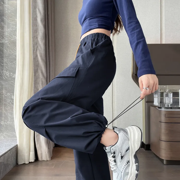 藏蓝色美式工装裤女春秋新款高腰显瘦遮肉束脚运动裤休闲阔腿裤子