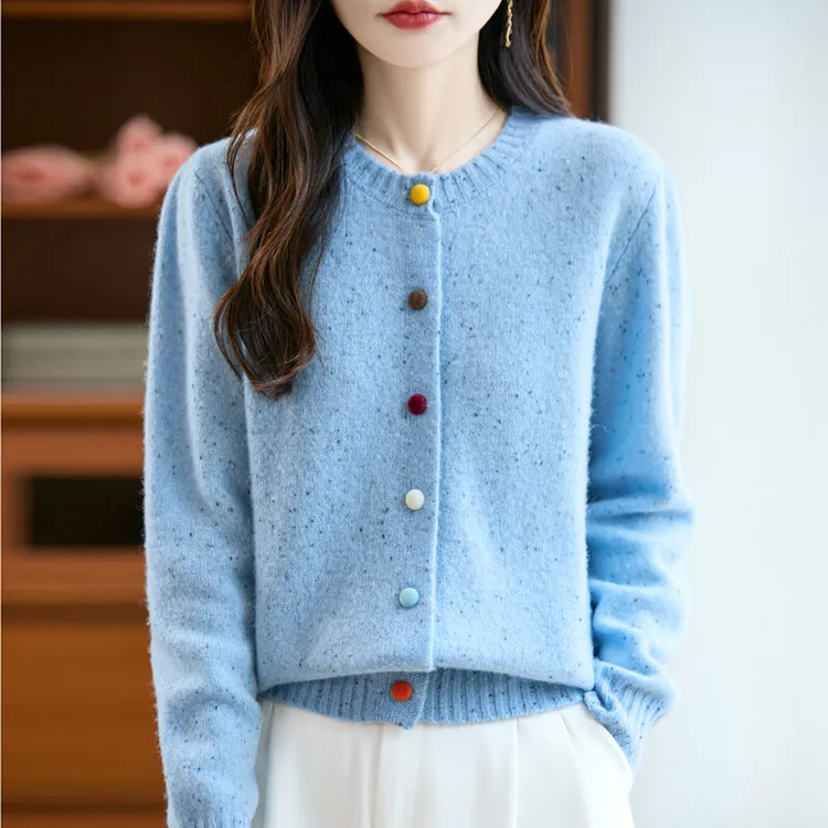 2025秋冬新款七针加厚彩扣彩点纱针织衫女士圆领100%羊毛长袖