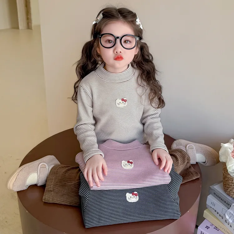 女童加绒打底衫2025秋冬新女宝加厚一体绒上衣儿童条纹半高领T恤