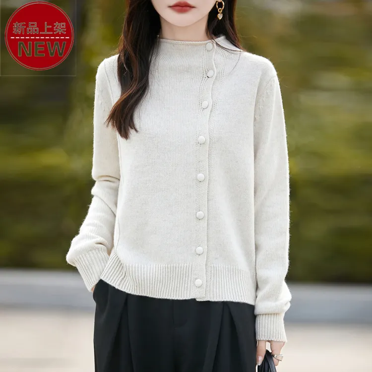 品哥弟新轻奢优雅半高领欧若风纯色斜扣气质百搭休闲长袖针织开衫