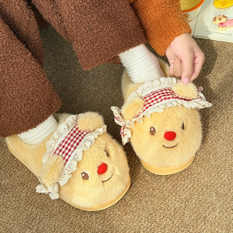 2025新款卡通毛绒防滑保暖拖鞋女冬季少女心黄油小熊厚底居家棉鞋