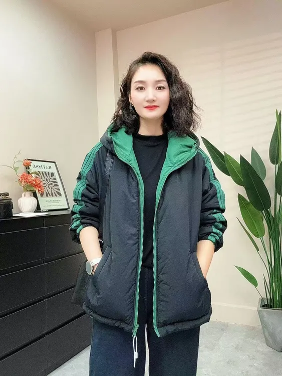 [两面穿棉衣]冬季新款时尚休闲百搭棉衣连帽纯色保暖女士棉服