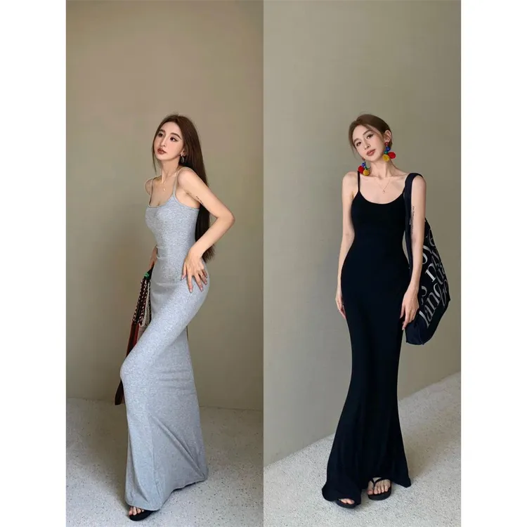 黑色吊带连衣裙女装春季辣妹露背紧身收腰显瘦中长款包臀鱼尾裙子