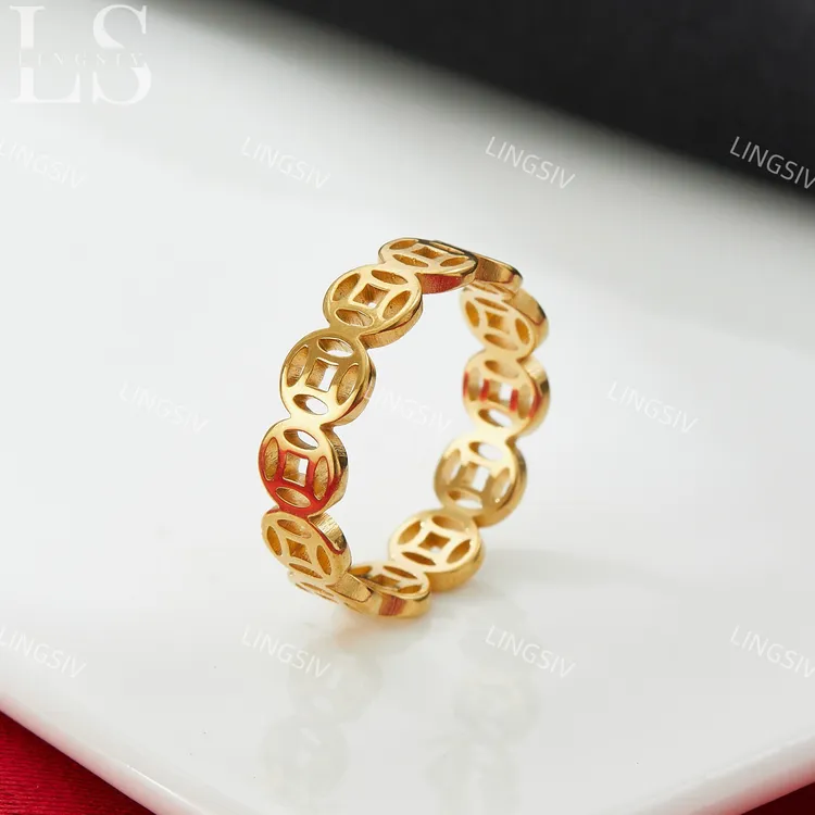 钛钢戒指 不掉色镂空设计铜钱戒指男女款素圈金色钱多多钱币指环