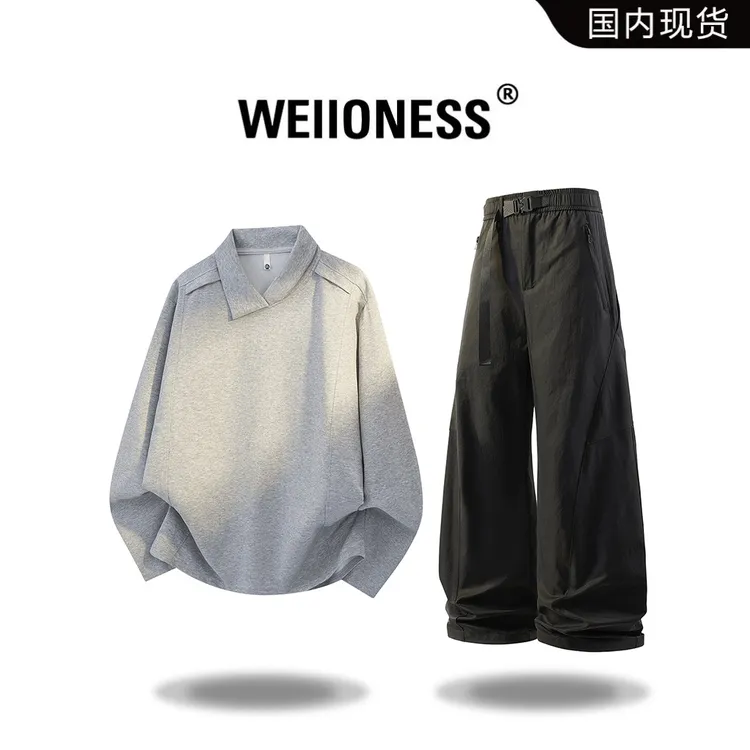 WEIIONESS长袖卫衣套装男秋季解构设计感上衣宽松休闲长裤两件套