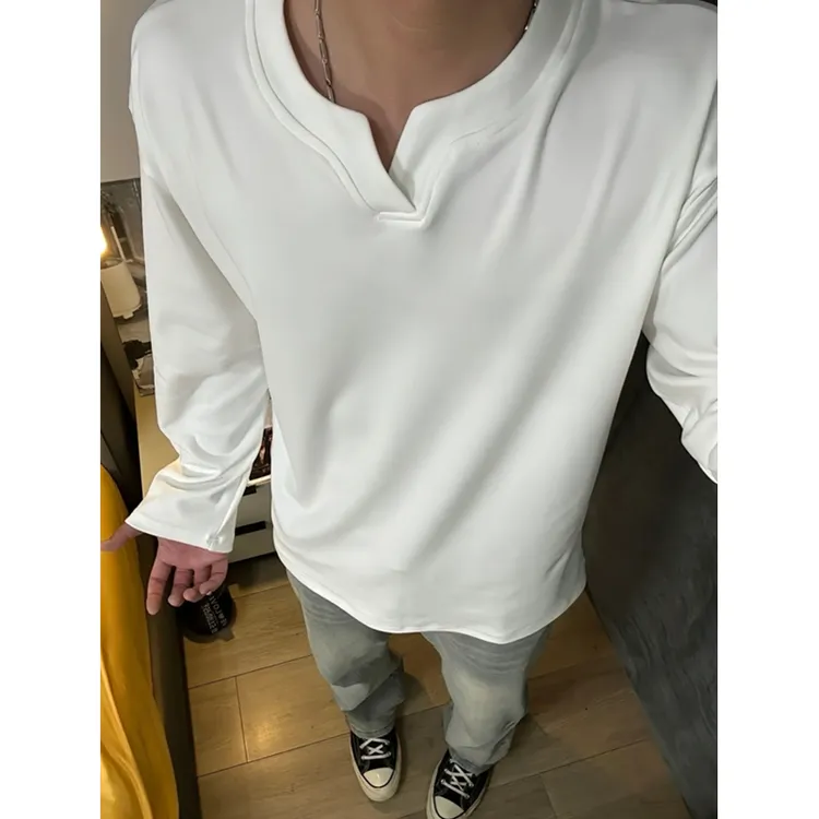 300g重磅德绒V领长袖T恤男生秋冬保暖内搭打底衫美式休闲宽松上衣