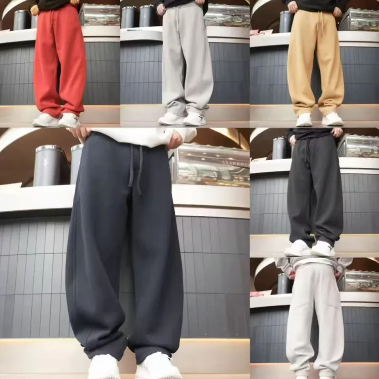 冬季奥粒绒重磅刺绣运动休闲宽松阔腿拖地裤百搭直筒裤舒适男裤