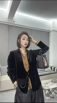 【娜娜推荐】新中式复古印花拼接丝绒衬衫洋气假两件长袖上衣G9028