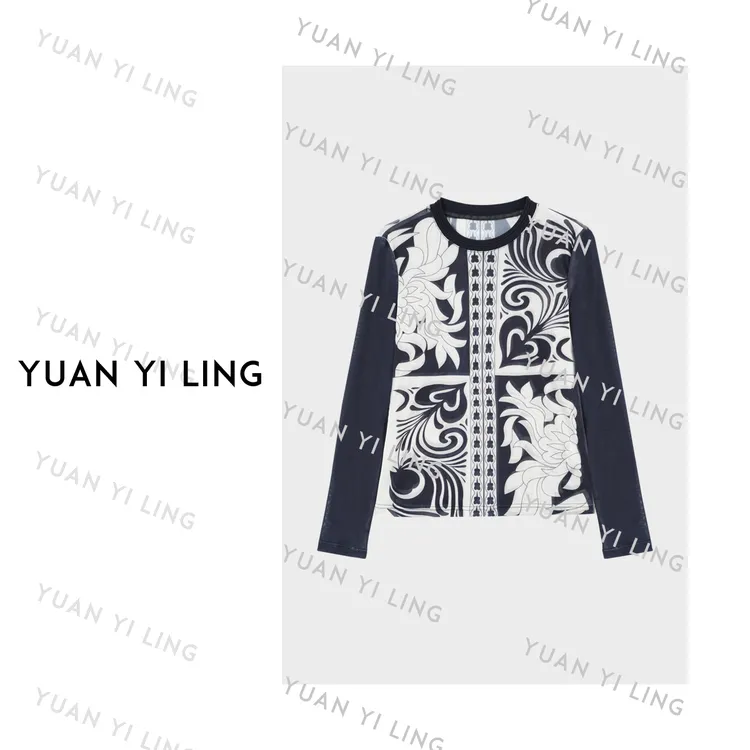 袁艺灵【中古t】25秋冬撞色复古设计感网纱圆领长袖打底 T恤3115