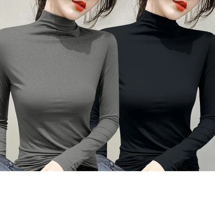 FAVMARTHA莫代尔黑色半高领打底衫女春秋内搭修身面膜长袖恤中领