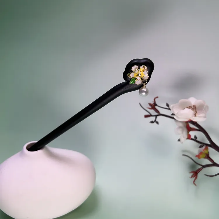 15厘米黑檀木盘发簪子新中式精致步摇日常简约珠珠小花