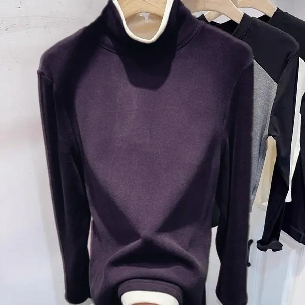 暗夜紫长袖打底衫女士秋冬德绒加厚拼色上衣保暖百搭正肩磨毛T恤