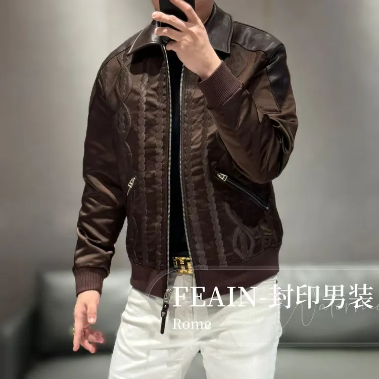 【真皮醋酸】高端男士流体雕塑醋酸纤维真皮拼接夹克8092