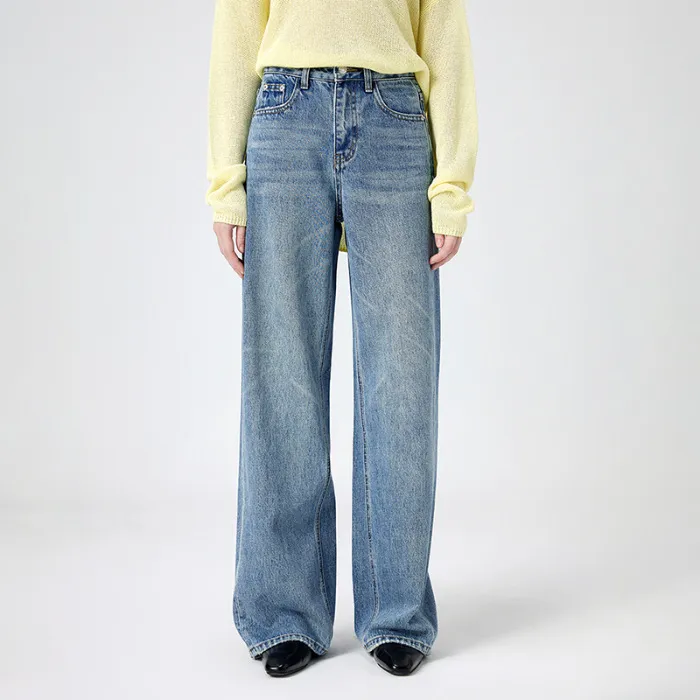 浅蓝色复古高腰阔腿牛仔裤女2025秋季新款宽松显瘦显高直筒拖地裤