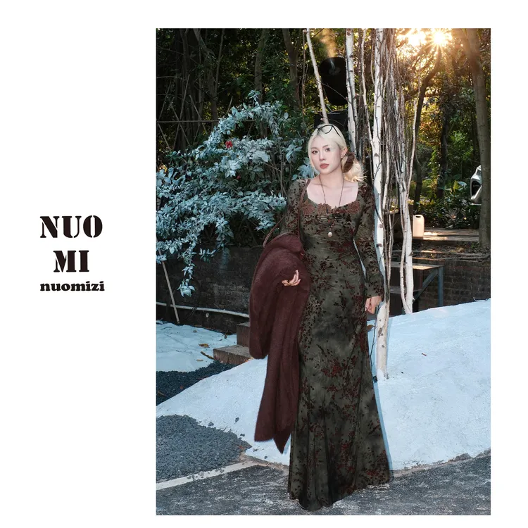 ZOZ糯米子[声声慢]印花连衣裙复古高弹慵懒风优雅显瘦长袖裙子