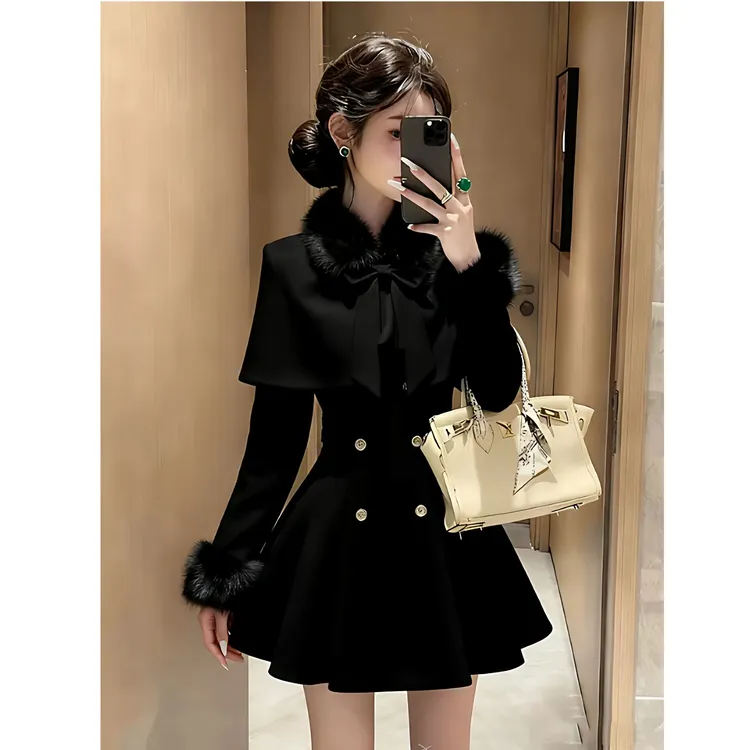 赫本序章 初冬新款甜美千金小姐小香风斗篷收腰连衣裙气质套装女