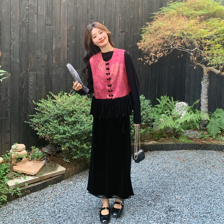 优雅中式美学套装裙2025春秋新款复古新中式马甲打底衫半裙三件套