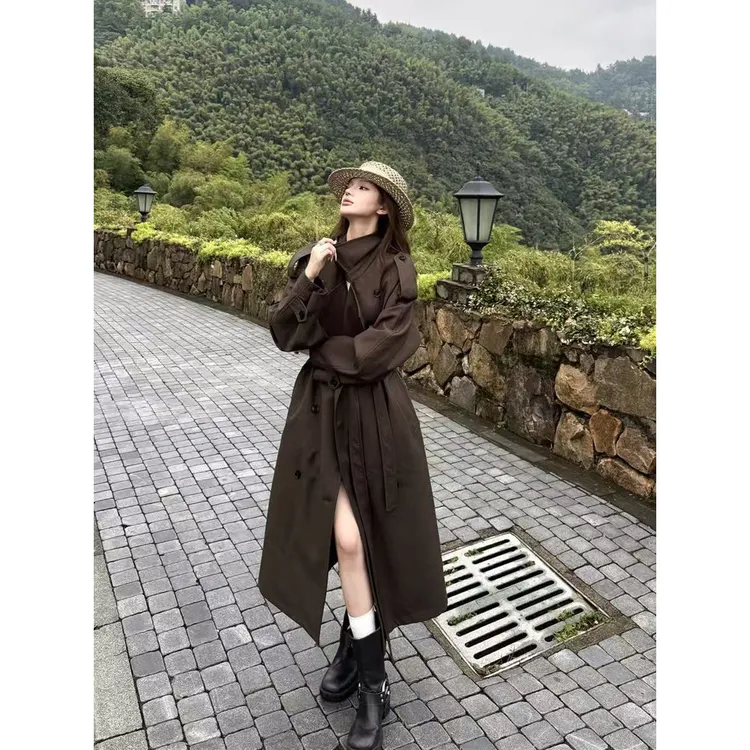 秋日廓型气质翻领双排扣风衣长款外套女