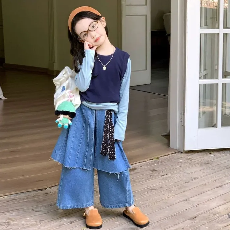 女童韩系叠穿背心打底衫屁帘牛仔裤套装秋装2025新款儿童女宝洋气