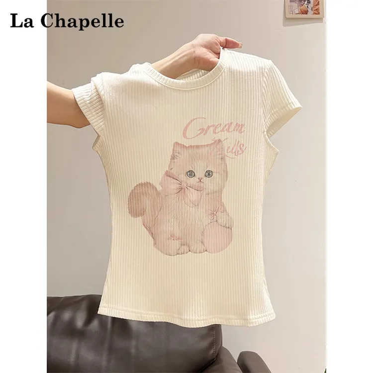 拉夏贝尔撞色猫咪印花圆领短袖T恤女夏季新款休闲慵懒风卡通上衣